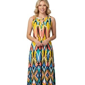 Anthropologie Floreat Dahlia Dress Midi Key Hole Colorblock Embroider 8P Petite